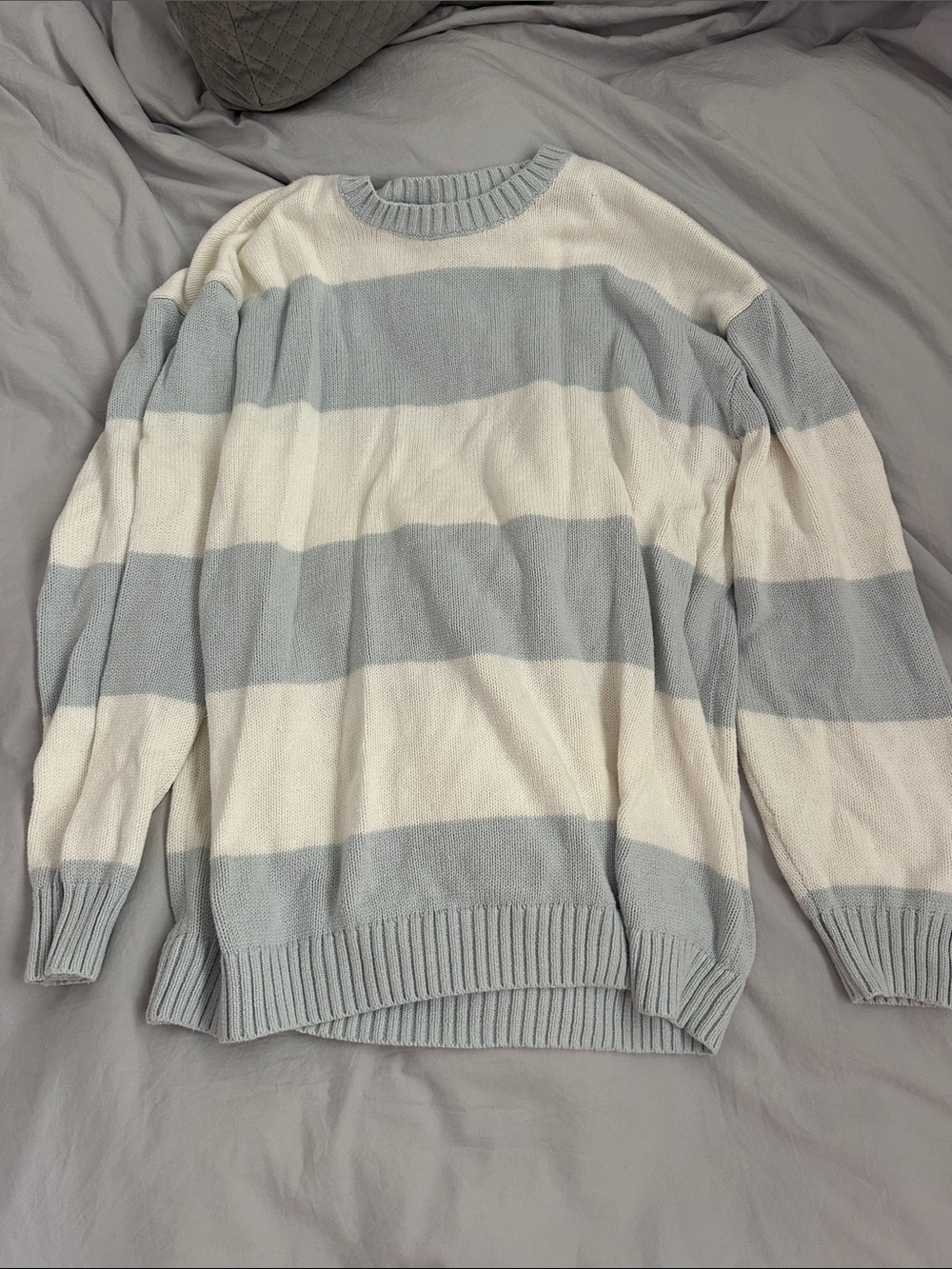 Hollister Light Gray & Cream Striped Crewneck Sweater